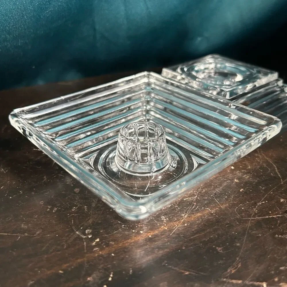 2 Vintage Art Deco Anchor Hocking Clear Manhattan Square Candleholder